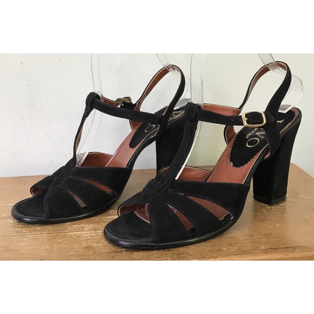 Vtg Vivo Italian Black Suede Leather Slingback Peeptoe Heels Sandals 7.5B Italy
